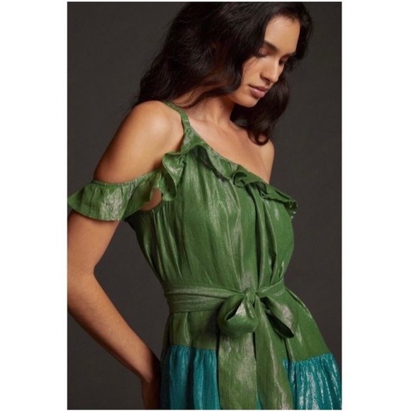 Anthropologie Maeve Metallic Ruffled One-Shoulder Color Block Belted Midi Dress - Picture 3 of 9